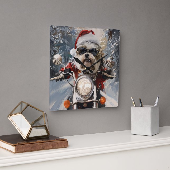 Malti Tzu Hund Riding Motorcykel jul Fyrkantig Klocka (Kontor)