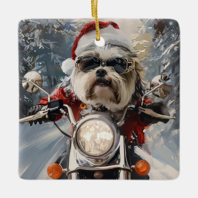 Malti Tzu Hund Riding Motorcykel jul Julgransprydnad Keramik (Framsida)
