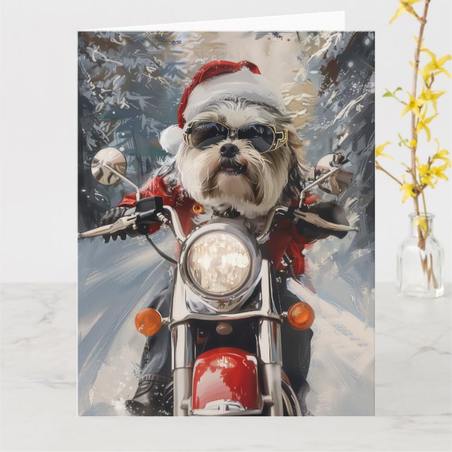 Malti Tzu Hund Riding Motorcykel jul Kort (Gul blomma)