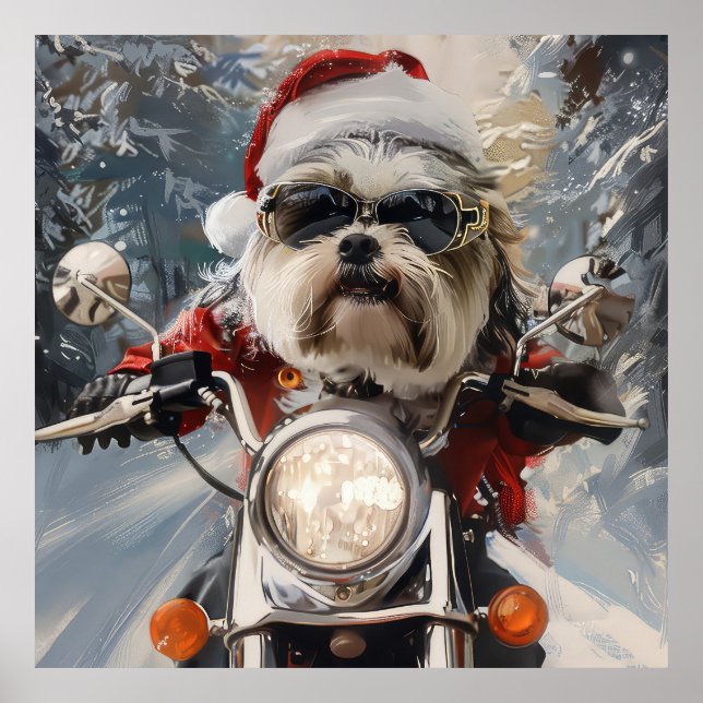 Malti Tzu Hund Riding Motorcykel jul Poster (Framsidan)