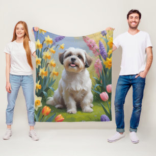 Malti Tzu Hund Vårblommor Målning Fleecefilt