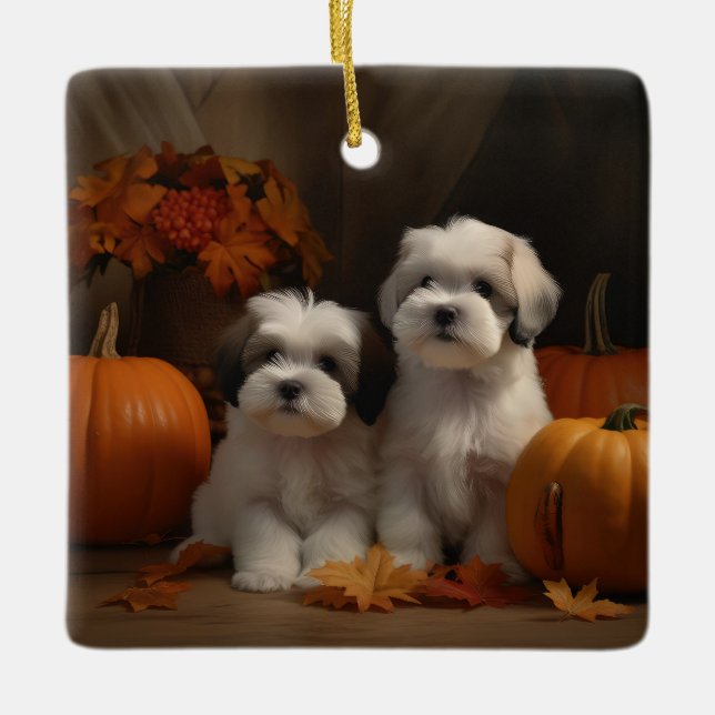 Malti tzu Puppy Autumn Delight Pumpkin Julgransprydnad Keramik (Framsida)