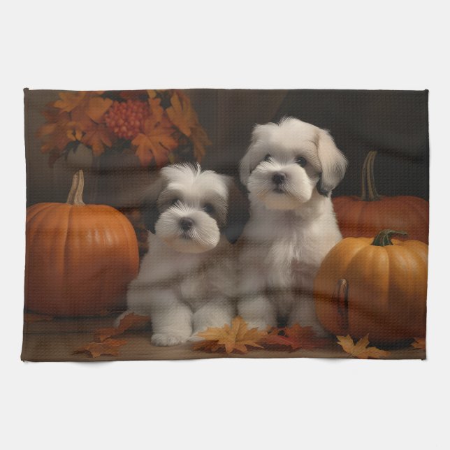Malti tzu Puppy Autumn Delight Pumpkin Kökshandduk (Horisontell)