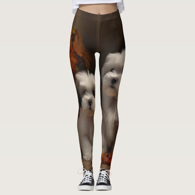 Malti tzu Puppy Autumn Delight Pumpkin Leggings (Framsida)