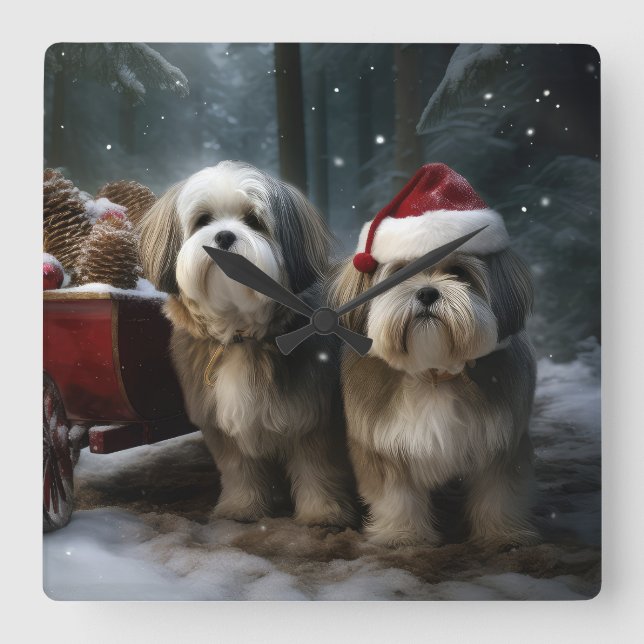 Malti tzu Snowy Sleigh-juldekretet Fyrkantig Klocka (Framsida)