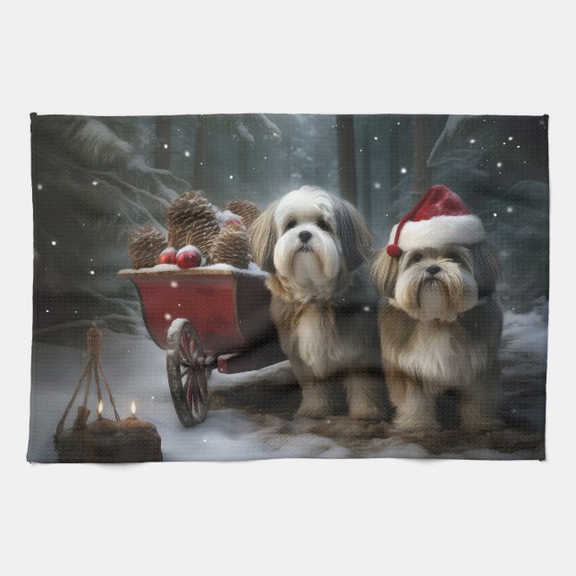 Malti tzu Snowy Sleigh-juldekretet Kökshandduk (Horisontell)