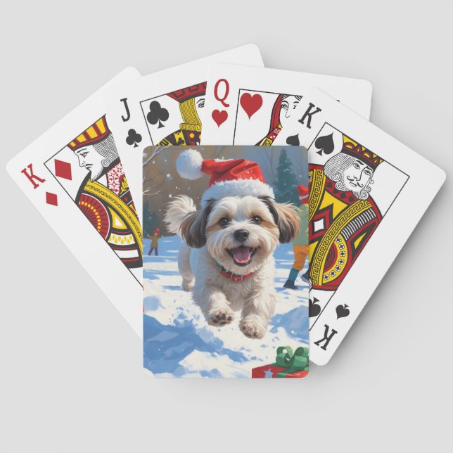 Malti Tzu springar i snö med julhatt Casinokort (Baksidan)