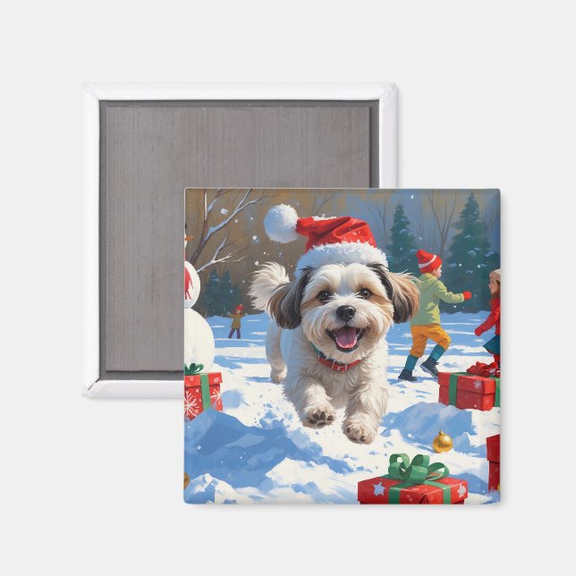 Malti Tzu springar i snö med julhatt Magnet (Front/Back)