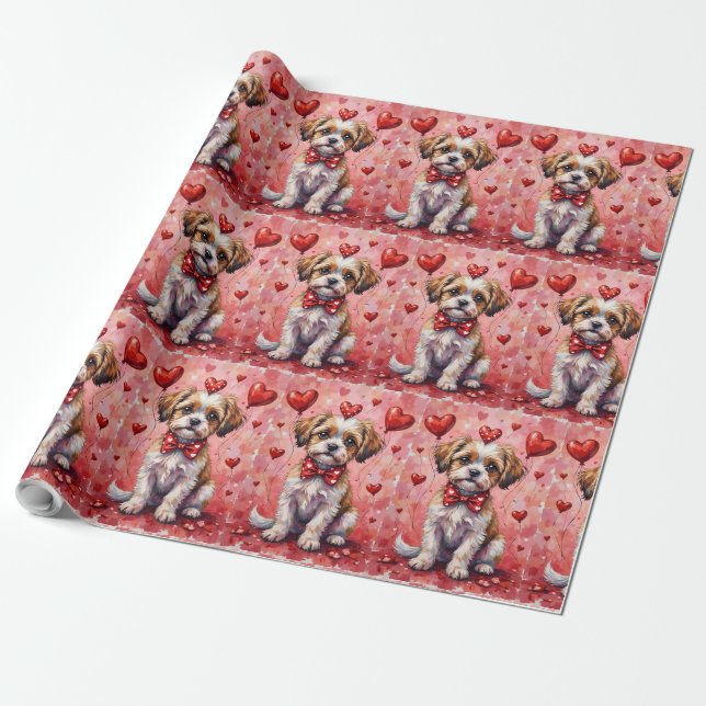Malti Tzu Valentine Dog Sitting with Hearts Red Presentpapper (Utrullad)
