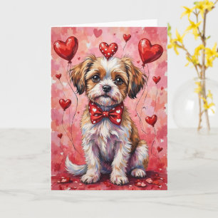 Malti Tzu Valentine Hund Sittande med Hjärtan Röda Kort
