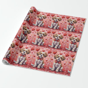 Malti Tzu Valentine Hund Sittande med Hjärtan Röda Presentpapper
