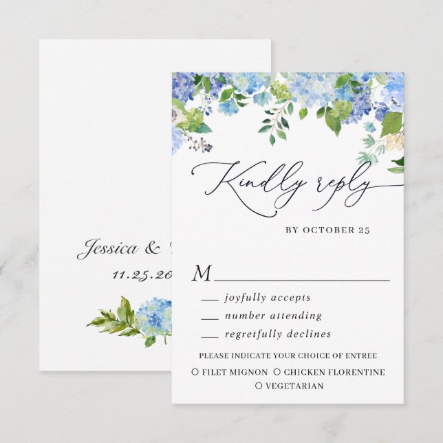 MÅLTID VAL Elegant Blå Hortensia Bröllop OSA Kort (Fram/baksida)