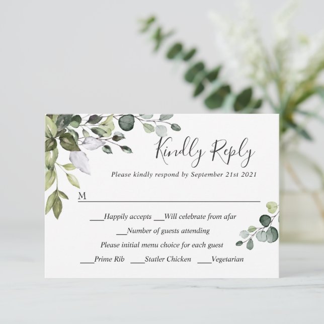 MÅLTID VAL Enkel Elegant Eukalyptus Bröllop RSVP OSA Kort (Stående Fram)