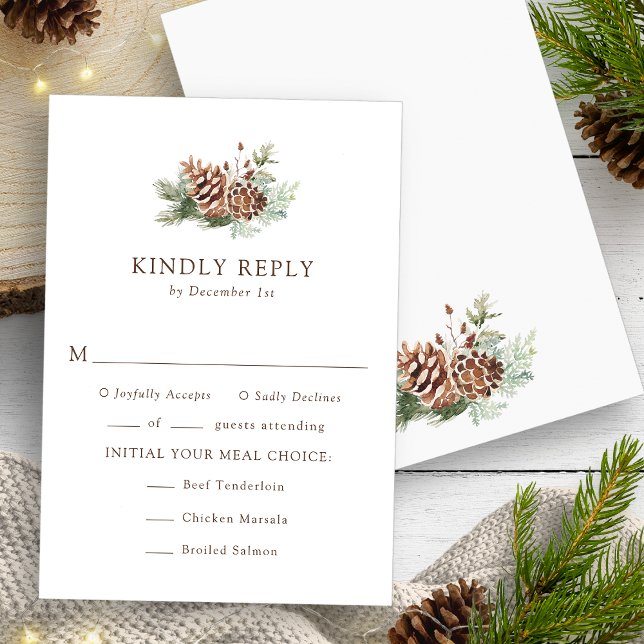 Måltider Winter OSA kort (Elegant Watercolor Evergreen Meals Winter RSVP Card by Painted Paperie
)