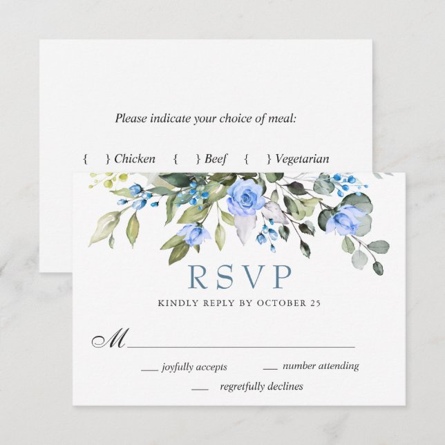 MÅLTIDSVAL Elegant Eukalyptus Blå Rosor Bröllop OSA Kort (Fram/baksida)