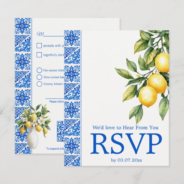 💙🍋Måltidsval + QR Azul & Limone Romance OSA Kort (Fram/baksida)