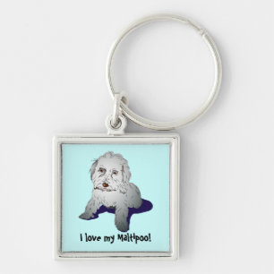 Maltipoo gullig valp fyrkantig silverfärgad nyckelring