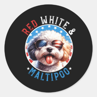 Maltipoo Hund 4:e Juli Röd Vit Och Maltipoo Runt Klistermärke