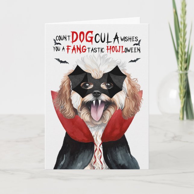 Maltipoo Hund Funny Count DOGcula Halloween Helgkort (Framsida)