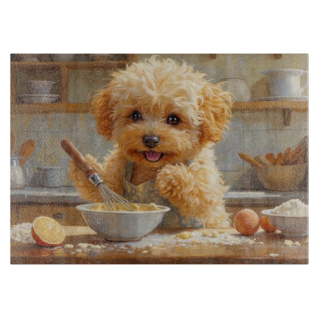 Maltipoo lagar mat i köket (Framsidan)