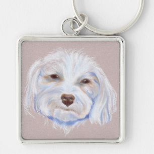 Maltipoo med en inställning fyrkantig silverfärgad nyckelring