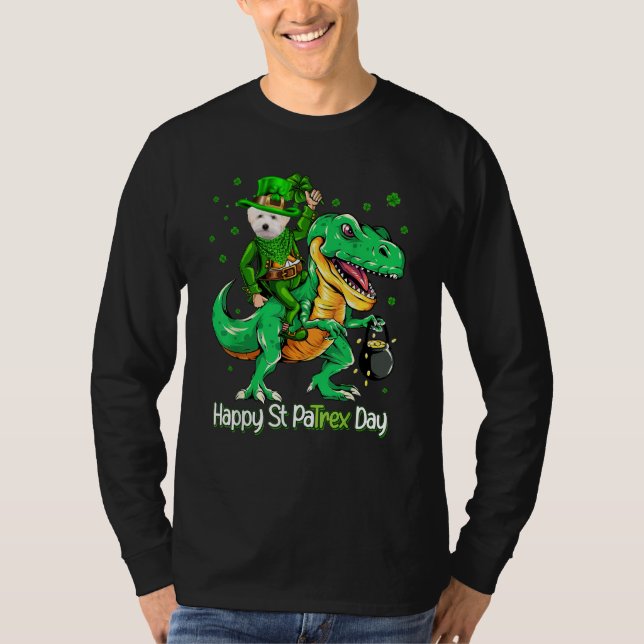 Maltipoo Riding Dinosaur Patricks Day Shamrock T Shirt (Framsida)