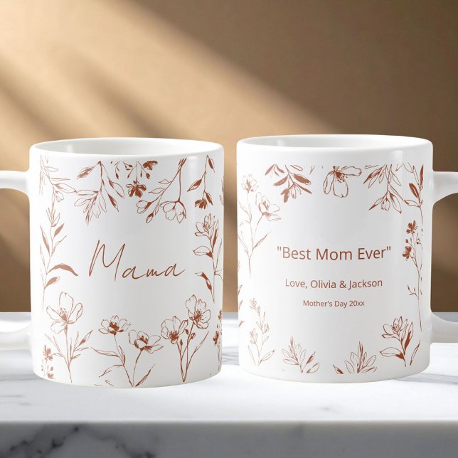 Mama Anpassat Citat Brun Vit Blommig Linje Konst  Kaffemugg (Front and Back)