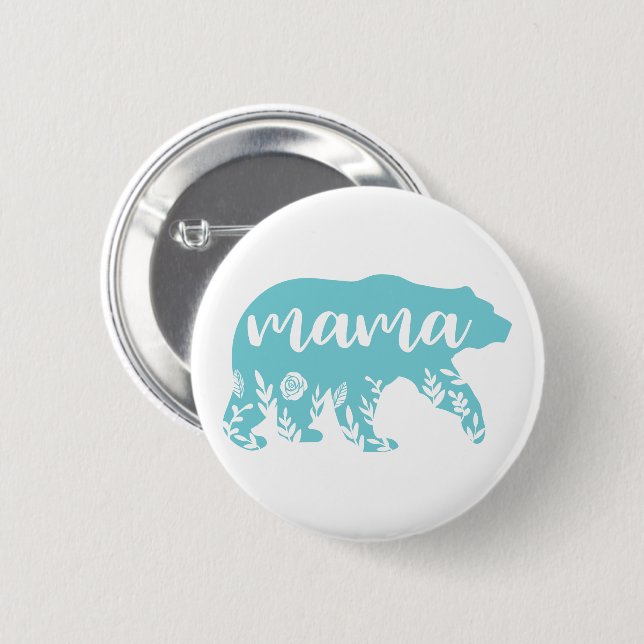 Mama Bear Turquoise Flowers Knapp (Framsida & baksida)