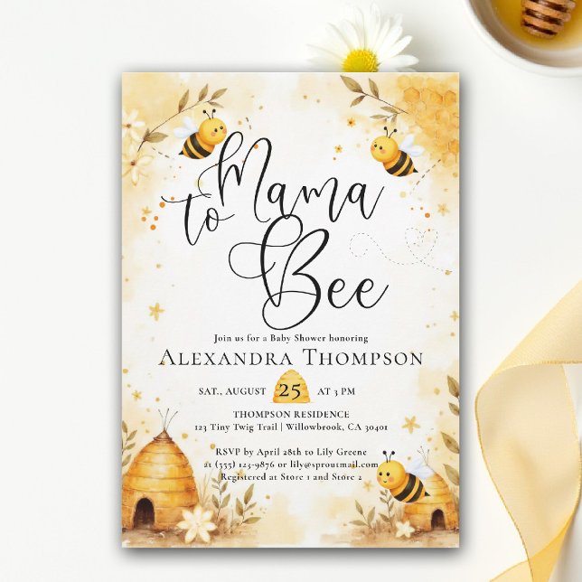 Mama Bee Summer Hive Bumblebee Script Baby Shower Inbjudningar (mama to bee baby shower theme invitation spring summer little honey watercolor elegant bumblebee)
