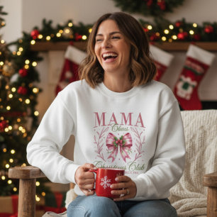 Mama Claus Christmas Club Rosa Coquette Bow T Shirt