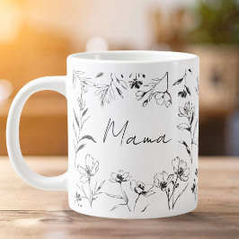 Mama Custom Quote Black White Floral Line Art  Jumbo Mugg