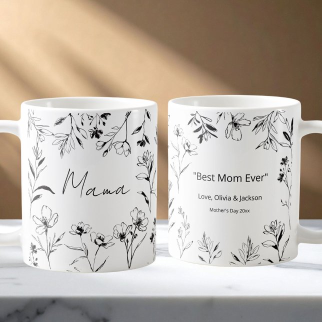 Mama Custom Quote Black White Floral Line Art  Kaffemugg (Front and Back)