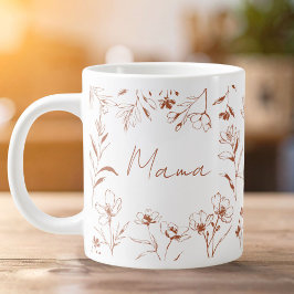 Mama Custom Quote Brown White Floral Line Art  Jumbo Mugg