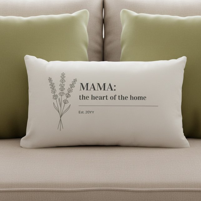 Mama Quote Heart of the Home Minimalist Lumbarkudde (Elegant, neutral, minimalist botanical pillow for Mama: the heart of the home (fully editable))