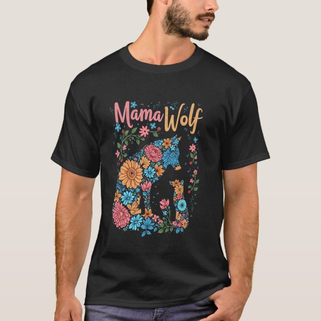 Mama Varg Blommig Varg T Shirt (Framsida)