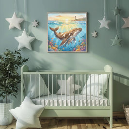 Mama Whale and Calf Nursery Poster