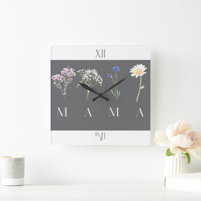 Mama Wildflower Mother’s Day & Birthday Fyrkantig Klocka (Hem)