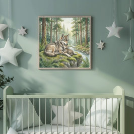 Mama Wolf and Her Adorable Cub Nursery Poster