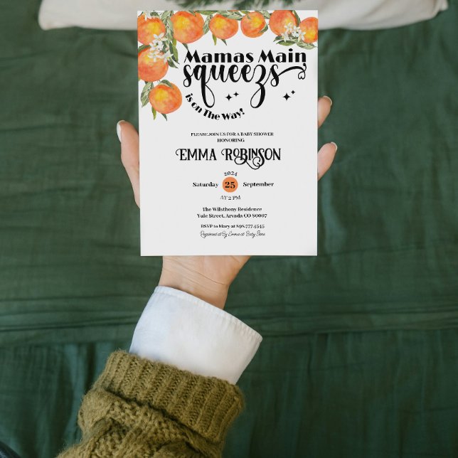 Mamas Main Squeeze Shower Orange Vattenfärg Inbjudningar (mamas main squeeze summer baby shower gender neutral watercolor botanical mother to be)