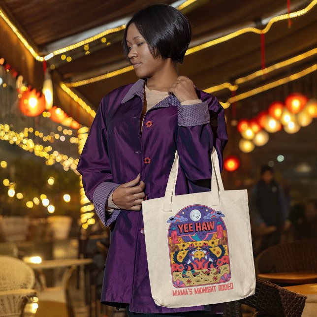 Mama's Midnight Rodeo Funny Mom Life Yee Haw Tygkasse (woman carrying a tote bag shopping at a late night market after the kids are in bed)