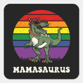 Mamasaurus Funny Dinosaur på Rainbow Flagga Sunset Fyrkantigt Klistermärke