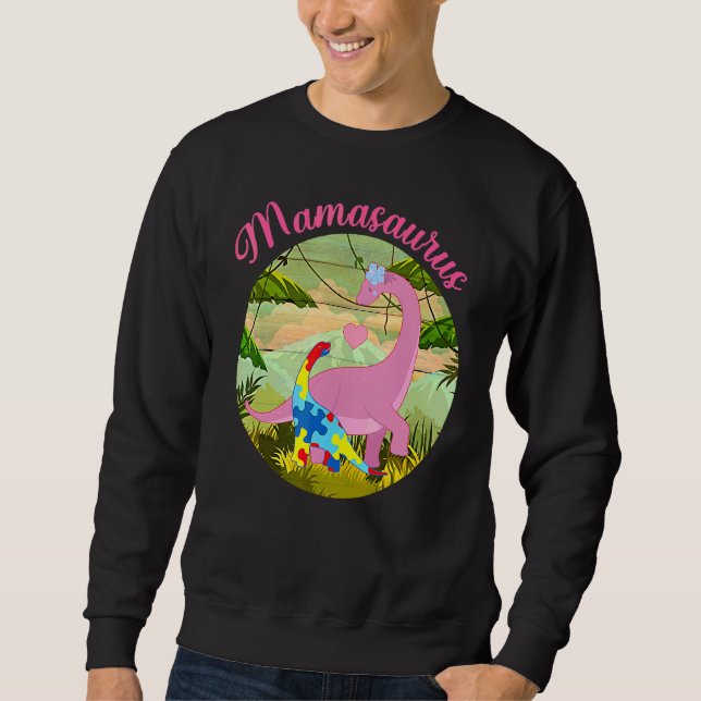 Mamasaurus T Rex Dinosaur Mamma Saurus Autism Medv Lång Ärmad Tröja (Framsida)