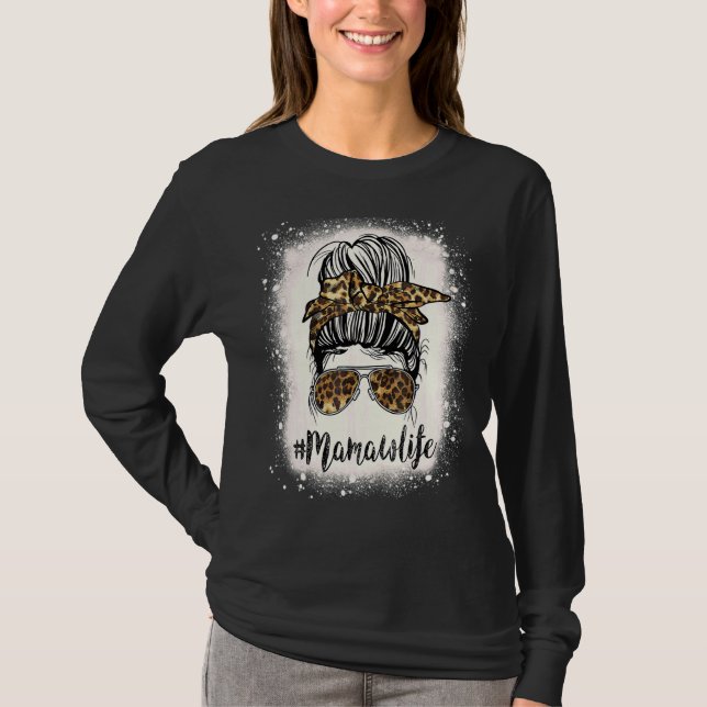 Mamaw Life Leopard Bleached Mors dag Messy Bun T Shirt (Framsida)