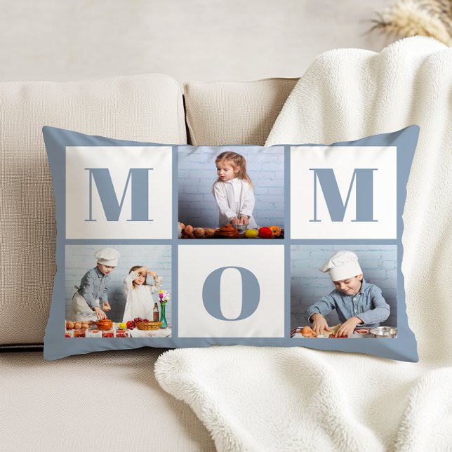 Mamma 3 Foto Collage Dammtblå Prydnadskudde (Skapare uppladdad)