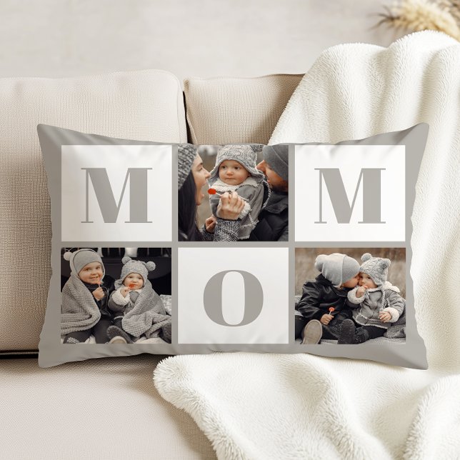 Mamma 3 Foto Collage Grå Prydnadskudde (Skapare uppladdad)