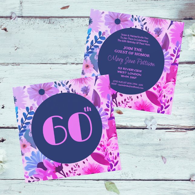 Mamma 60:e födelsedag Rosa, blått och Lila Blommig Inbjudningar (Front And Back)