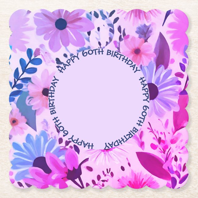 Mamma 60:e födelsedag Rosa och foto med blå Blommi Underlägg Papper (Framsida)