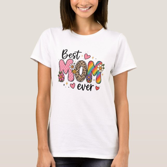 Mamma Alltid Blommig Leopard Regnbågsdesign T Shirt (Framsida)