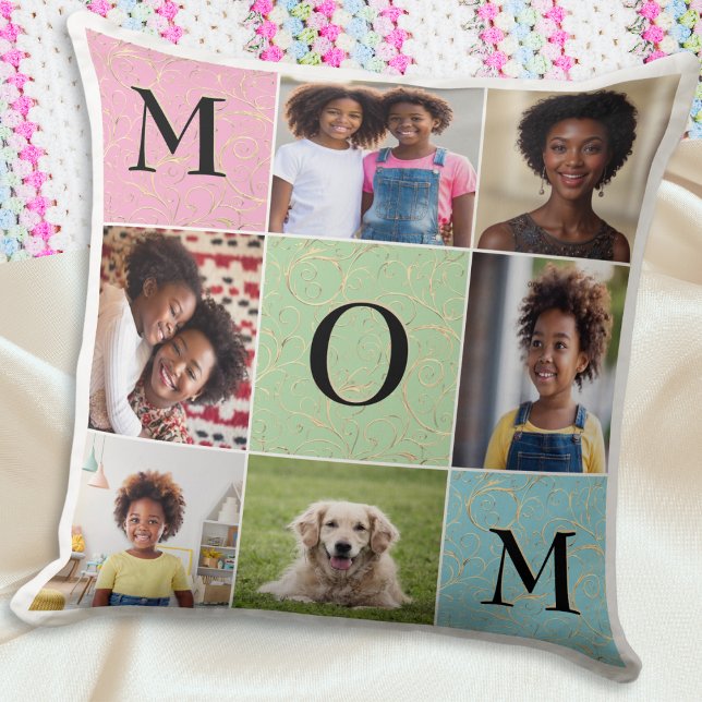 Mamma Anpassad Elegant Fotokollage 6 Bilder Kudde (An elegant throw pillow for Mother's Day, featuring six custom photos and 'Mom' in capital letters)