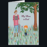 Mamma är Coola Birthday Card från Young Son Hälsningskort<br><div class="desc">Ett födelsedagskort från en ung son som tror att hans mamma är coola. Utformningen är en mamma i vardagskläder och en ung illustrerad pojke med rött hår. De står båda nära träd och det finns blommor, gräs och fåglar som läggs till i utformningen. På kortets framsida finns en permanent ord...</div>